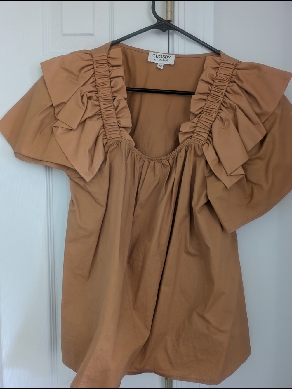 crosby. Tan Ruffle-Sleeve Cotton Top With Leather Detailing Size Xs